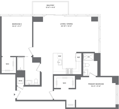 Floor plan for 2 beds, 2 baths, 1264 sqft